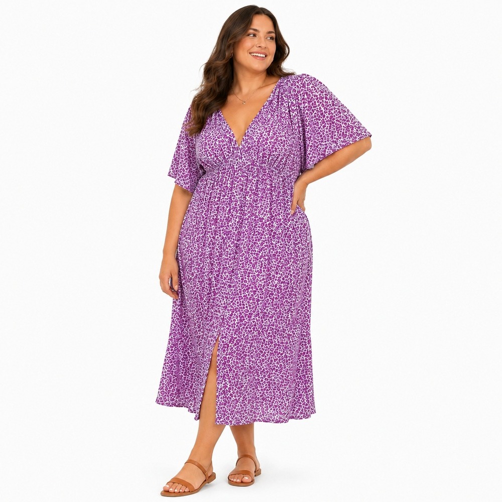Old Navy V-Neck Ditsy Floral Midi Dress Purple Boho Smocked Plus Size 4X